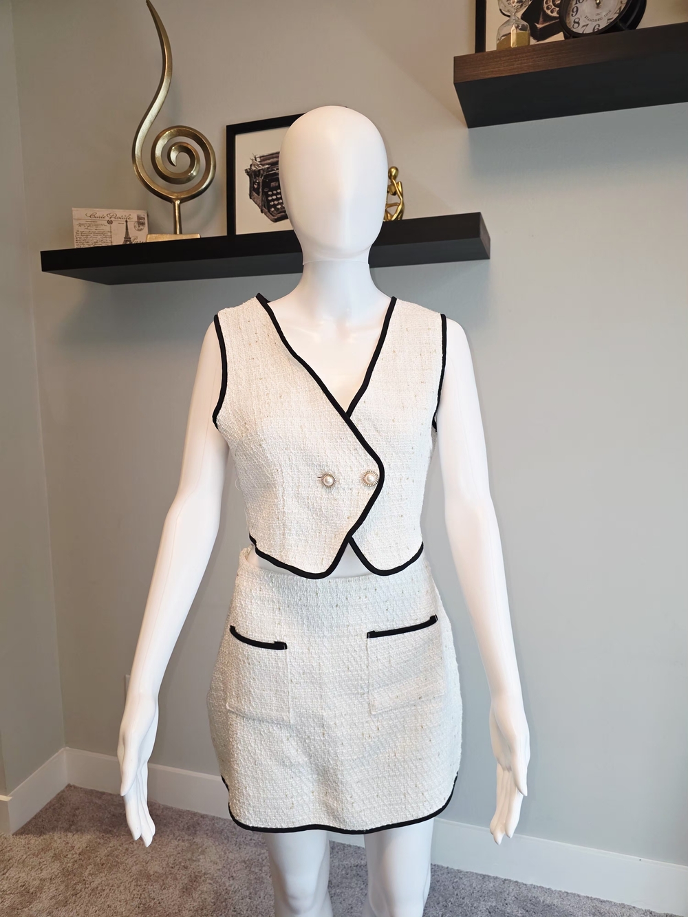 Chic Ivory Tweed Two-Piece Set with Black Trim